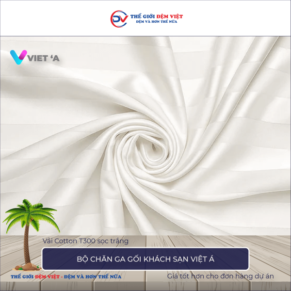 Bộ chăn ga gối khách sạn Việt Á vải Cotton T300 sọc trắng 2